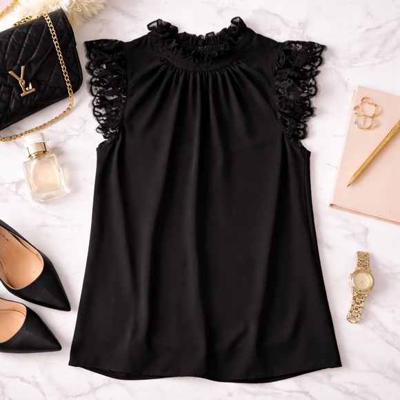 Express Tops - Express Black Lace Sleeve Blouse Ruffle Neck Sleeveless Top Size M Elegant Chic